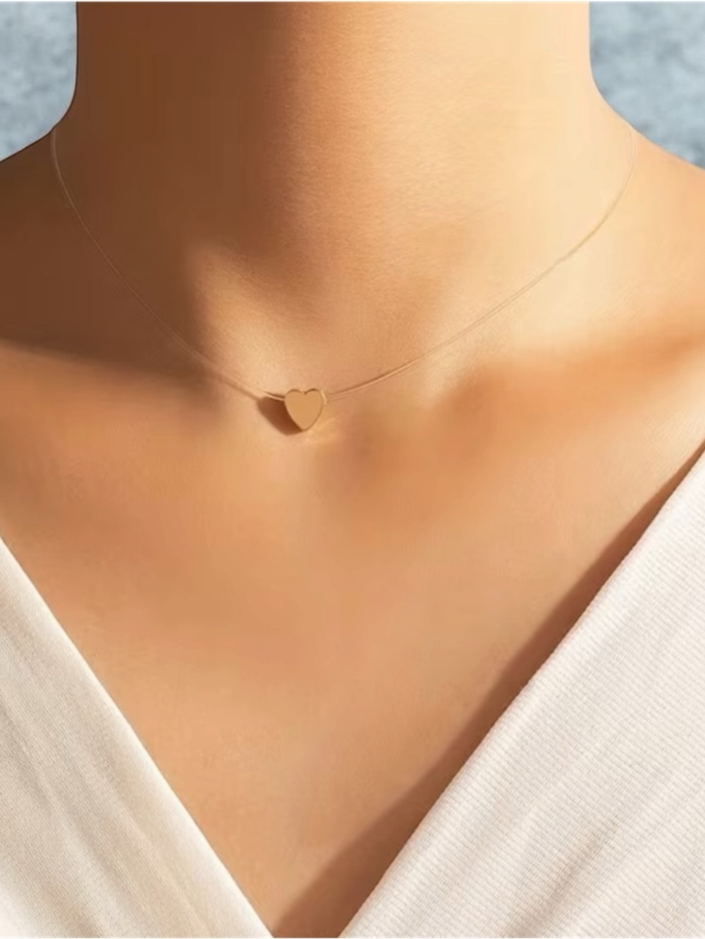Delicate Gold Heart Pendant Necklace Transparent invisible string